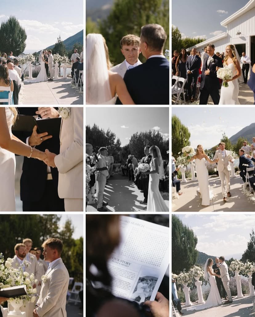 Outdoor wedding ceremony collage with mountain views behind the couple and guests.